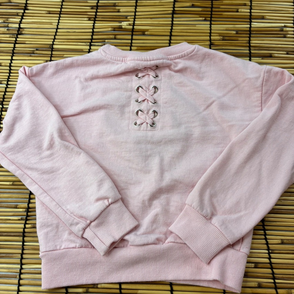 DKNY Girls Pink Heart Boucle Sweatshirt Lace Up Back Size 5 Pullover - Picture 2 of 6